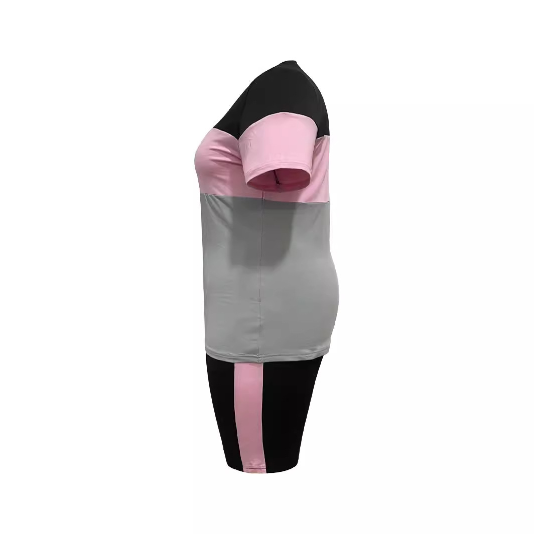 Women's Color Block Crew Neck Summer Fashion Two-Piece Ensemble T-Shirt And Shorts Set Short Sleeve plus Size Available_voghion.com