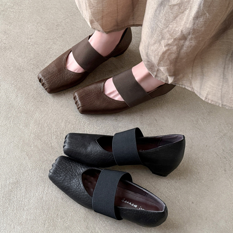 Elephant Pattern First Layer Goatskin French Ballet Square Toe Mary Jane Shoes 2025 Autumn Inner Heightening High Heel Genuine Leather Shoes for Women