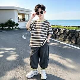 男童长裤套装夏季2026新款酷帅中大童条纹短袖两件套夏天儿童衣服