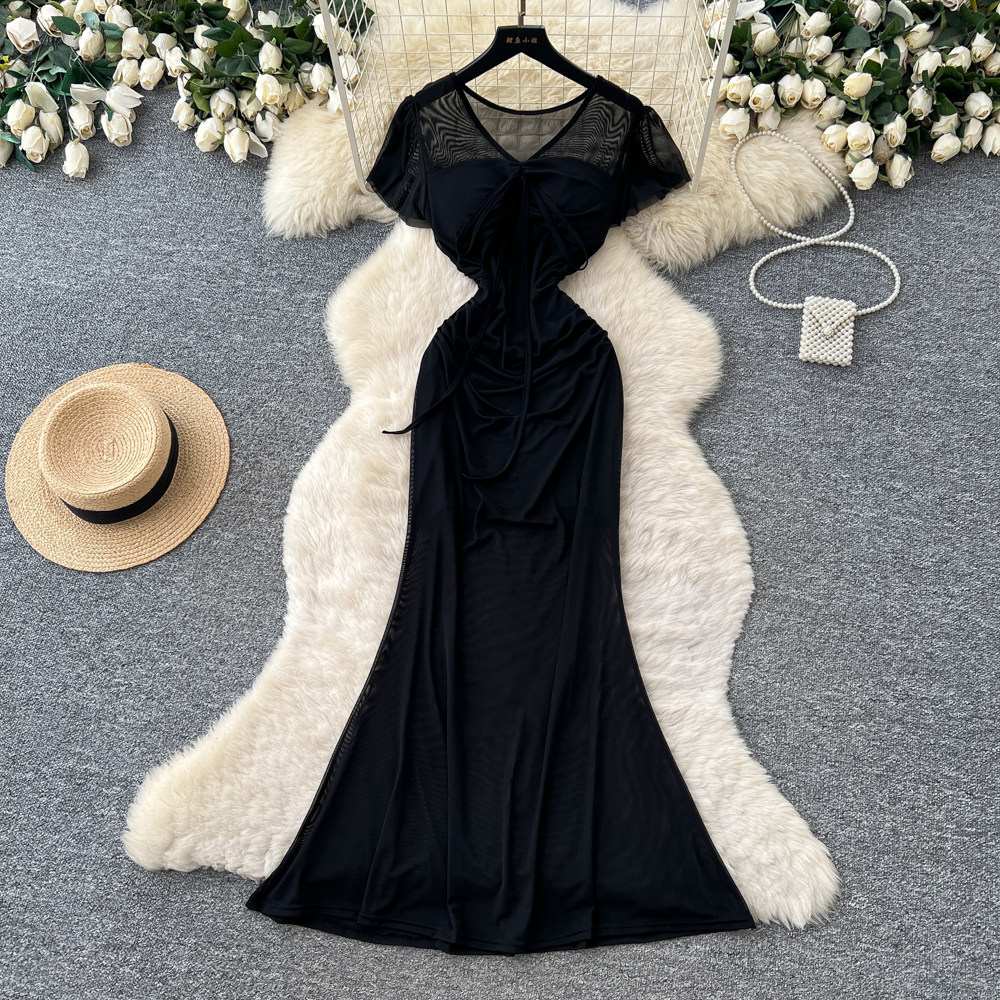 Elegant Red Short Sleeved Dress for Women Korean Style Pleated A-Line Long Skirt Sophisticated Flattering Slimming Work Dress_ecoleips.com
