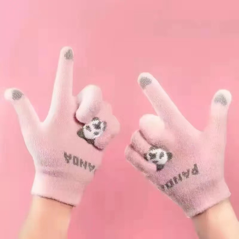 新款毛绒针织手套女加厚防寒冬季手套可爱卡通学生可触屏骑行手套|undefined