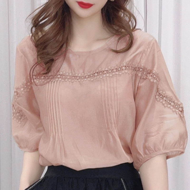 Puff Sleeve 2026 Mid-Sleeve Shirt for Women, New Summer Style with Lace Splicing, Hollow-Out Loose Plus-Size Short-Sleeve Top for Women