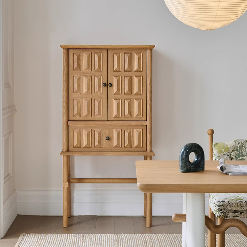 Khaki Cabinet French Retro Log Style Solid Wood High Cabinet Living Room Bedroom Storage Wall Storage Sideboard #