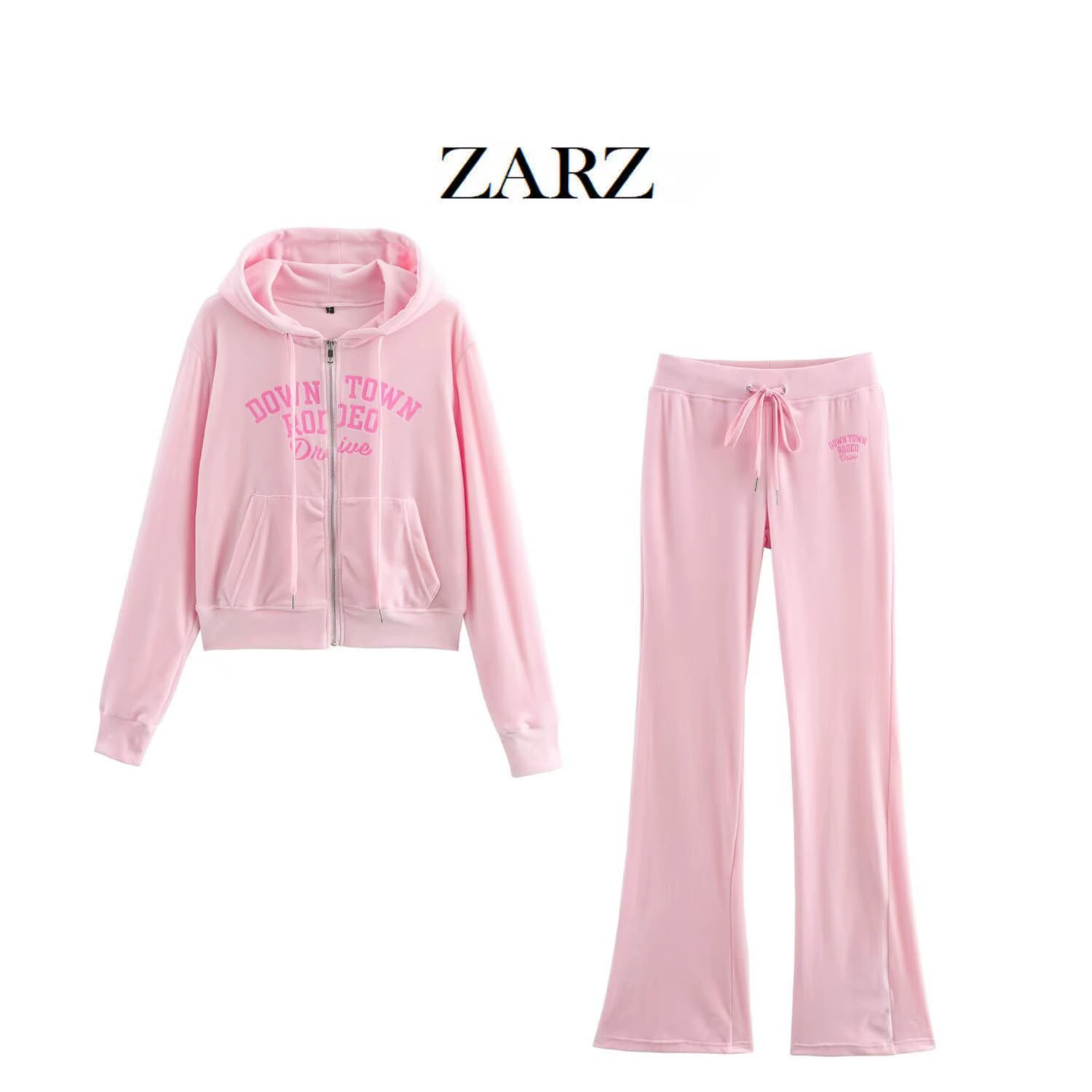 Костюм-тройка из бархатной ткани (ZARZ) — куртка с капюшоном и расклешённые брюки, городской европейский стиль