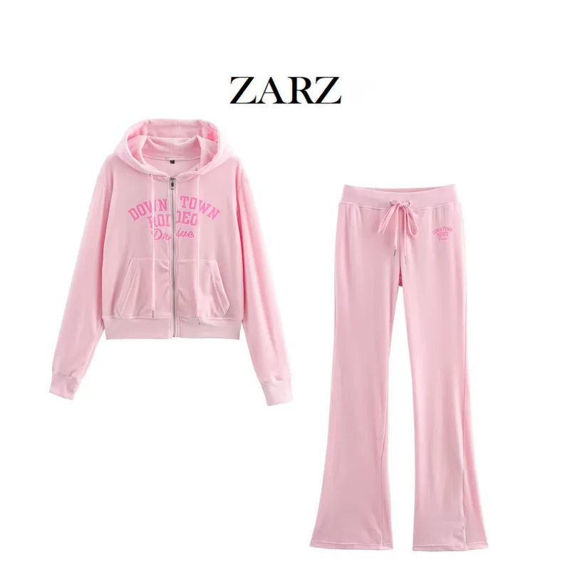 Костюм-тройка из бархатной ткани (ZARZ) — куртка с капюшоном и расклешённые брюки, городской европейский стиль