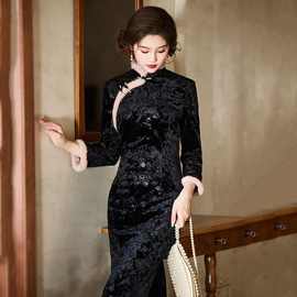 【书夜乐】新中式绝美黑色压花改良旗袍冬季保暖加绒加厚日常女装