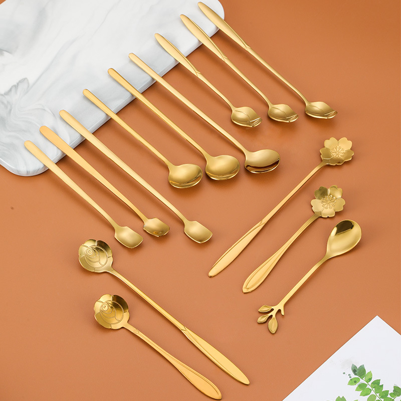 不锈钢花瓣勺日式创意镀金长柄心型甜品勺咖啡勺套装礼品