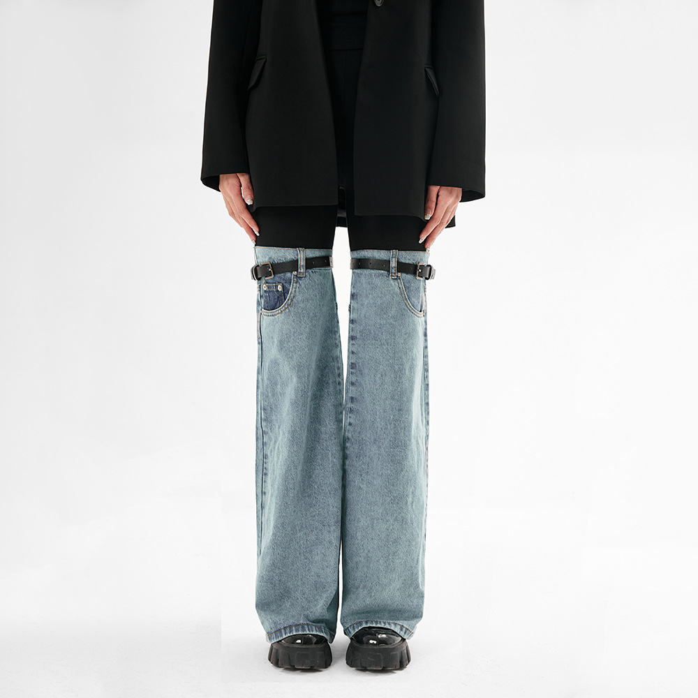 Streetwear Contrast-Stitch Flared Jeans – High-Waisted Cotton Blend Wide-Leg Pants With Raw Hem (S-XL, Non-Stretch Retro Fit)_mkmklike.com