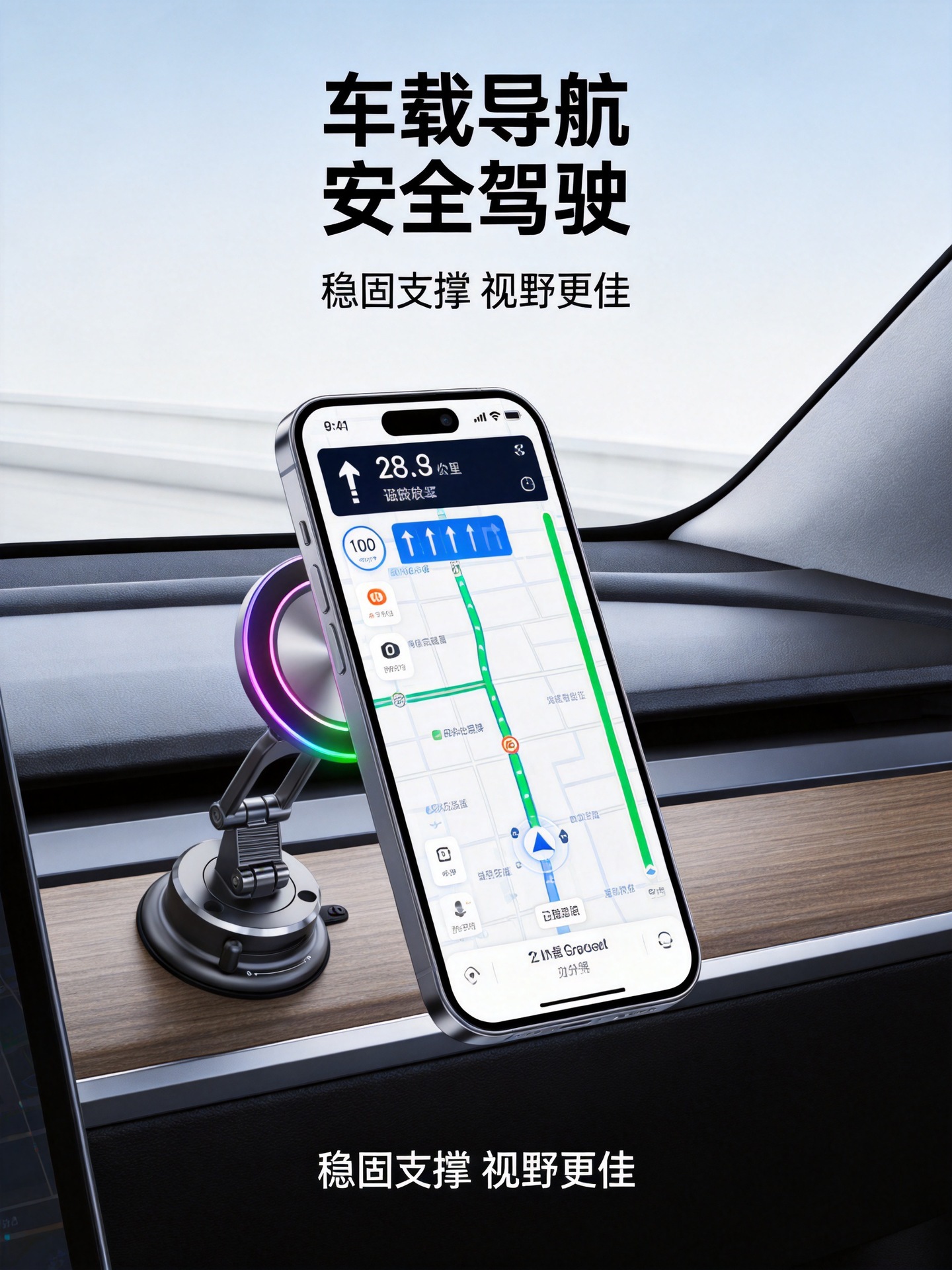 15W wireless charging car magnetic phone holder with vacuum suction, rotating car navigation stand for the center console