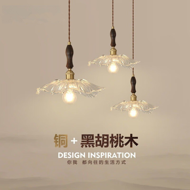 日式单头网红吊灯餐厅客厅吧台床头卧室北欧现代黄铜花朵玻 璃吊