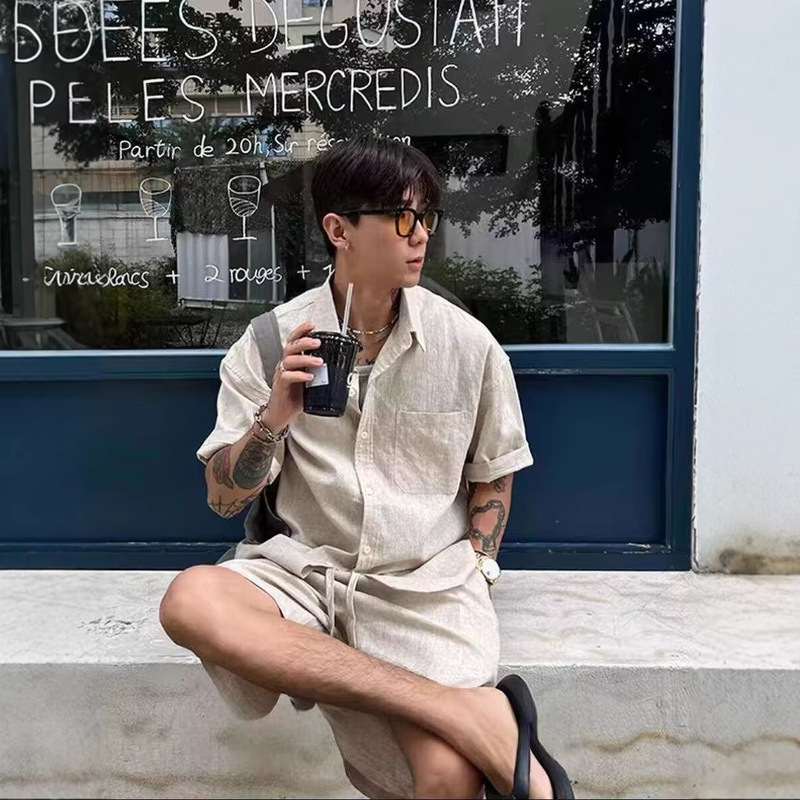 American High Street Short-Sleeved Shirt Set for Men, Old Money Style Casual Sun Protection Cardigan, Linen Work Shorts Two-Piece Trendy Set