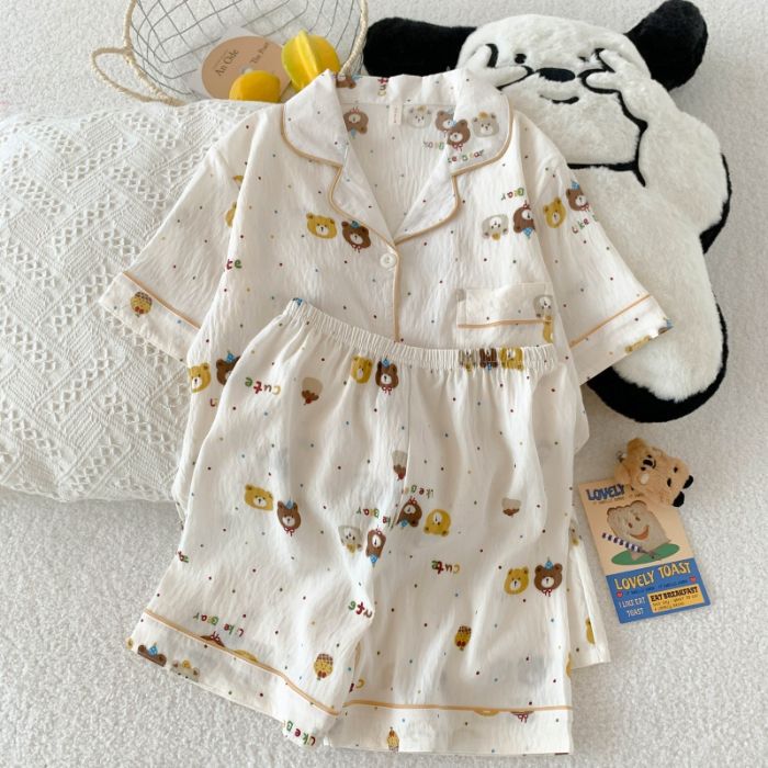Pijama mujer nube algodón de manga corta pantalones cortos cardigan solapa de verano apertura en vivo dibujos animados transfronterizos dulce traje de servicio a domicilio