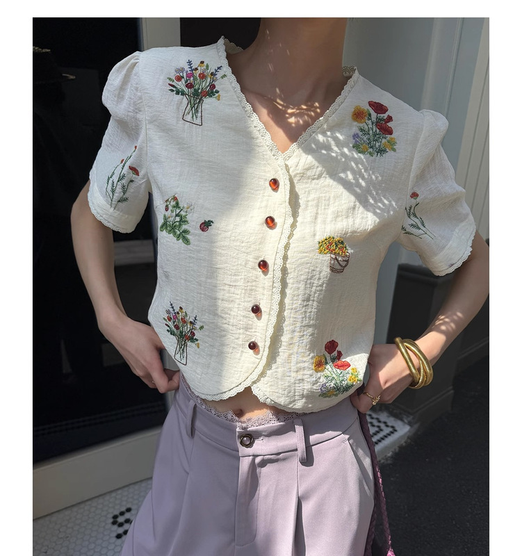 【事事幽】亚麻重工绣花短袖T恤女夏慵懒风半身裙套装|undefined