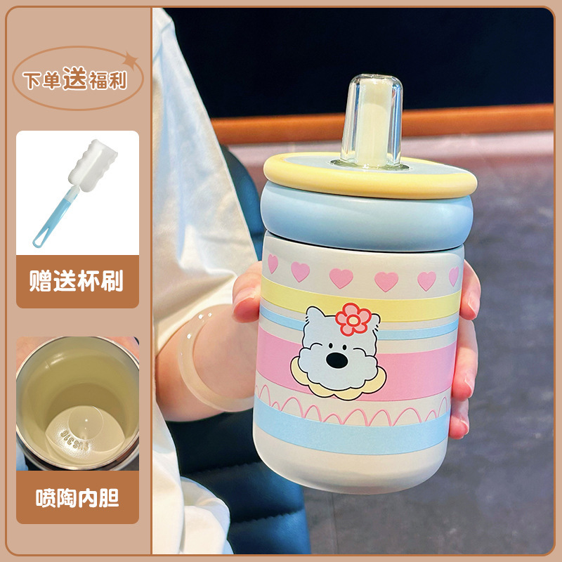 新型ins女子高颜値ストローカップ316ステンレス保温カップ陶磁器内胆カップ学生随行カップ|undefined