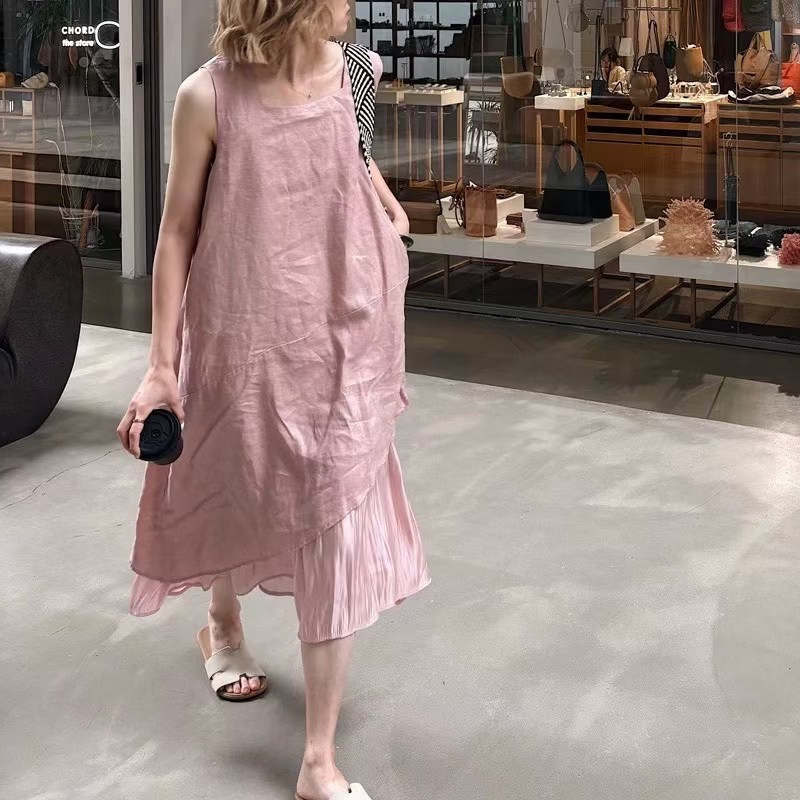Hemp Summer New Style Elegant Irregular Hem Vest Dress Design Mid-Length Suspender Skirt Hemp Summer New Style Elegant Irregular Hem Vest Dress Design Mid-Length Suspender Skirt