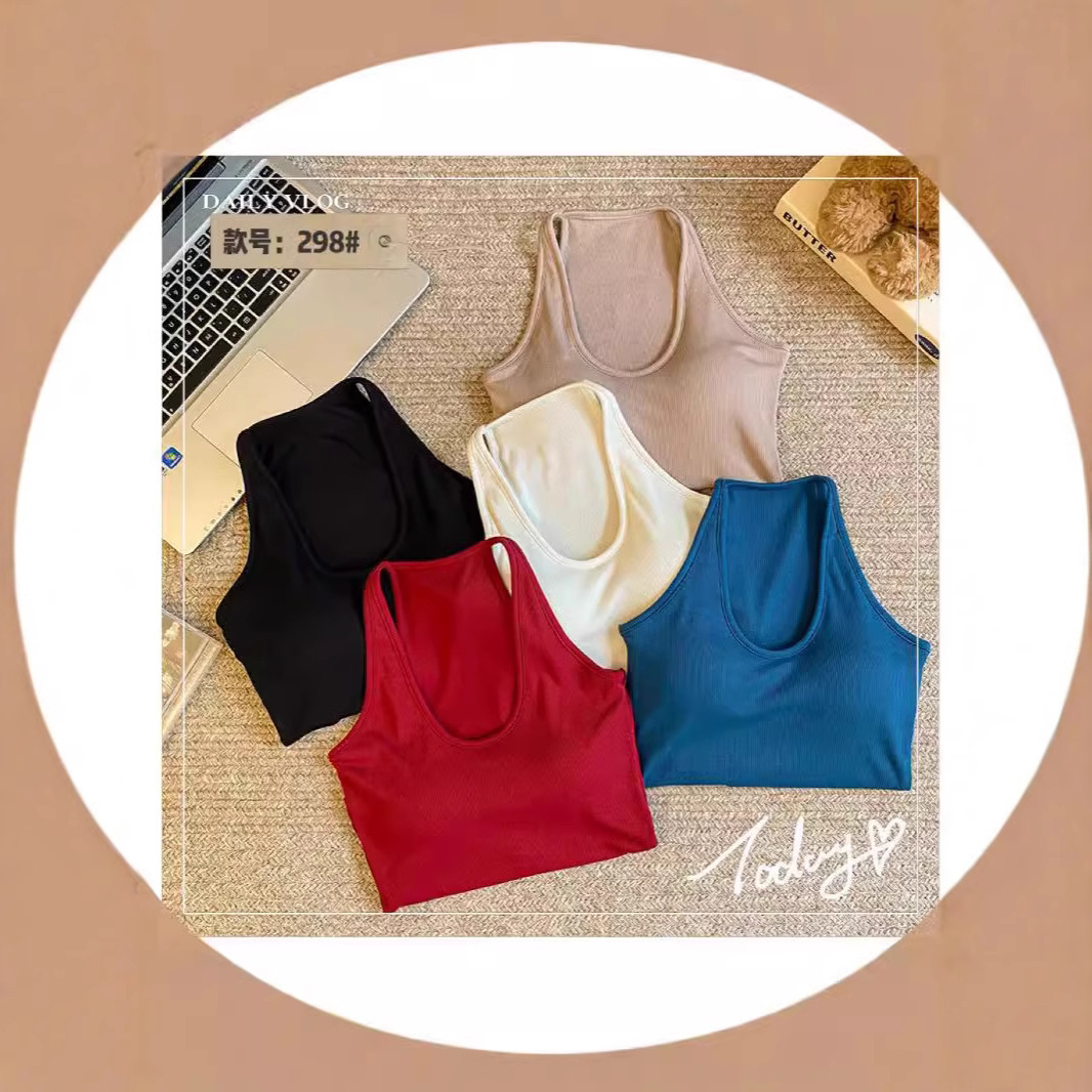 Verano nuevo colgante chaleco con cojín de pecho integrado delgado universal delgado cuello U hermosa camisa de espalda mujer