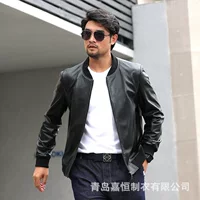 Baseball leather jacket, first‑layer sheepskin, contrast stitching, casual bomber