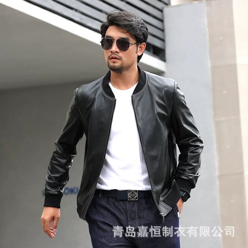 Baseball leather jacket, first‑layer sheepskin, contrast stitching, casual bomber