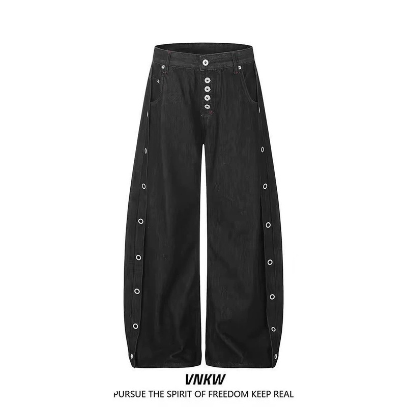American high street style buttoned design with red line deconstruction, loose wide-leg curved silhouette raw denim pants for men and women