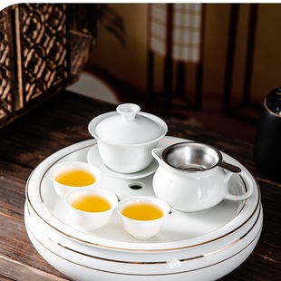 Chaoshan White Jade Porcelain Kung Fu Tea Set for Home Use, Modern Gaiwan Tea Cups, Living Room Ceramic Tea Tray, Tea Brewing Table