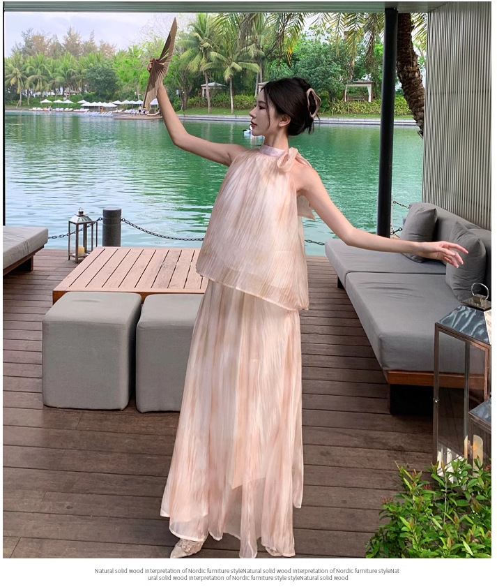 【中國直郵】 奢笛熊 新中式國風復古紮染油畫掛脖上衣 夏季高腰寬鬆半身裙 兩件套裝 M碼