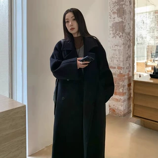 黑色翻领宽松版型双排扣羊毛混纺复古大衣2026冬季新品女通勤外套