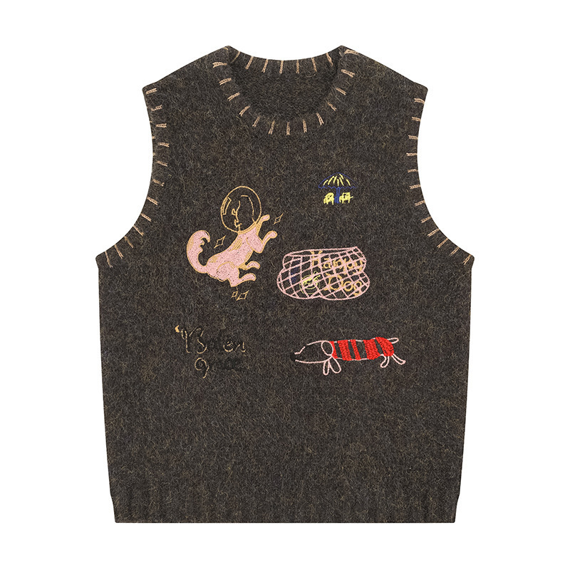 Brown Cartoon Sweater Vest, Loose Shirt, Knitted Vest, Embroidered Outerwear for Women, Autumn Season
