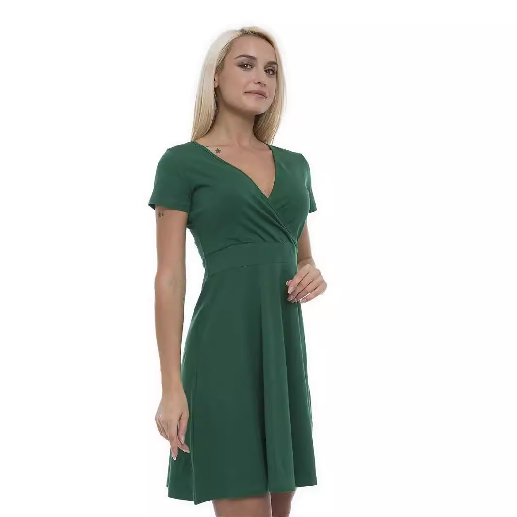 Ropa de mujer de comercio exterior europeo y americano Amazon nuevo cuello en V color sólido manga corta casual hogar columpio grande Vestido de punto de mujer image 5