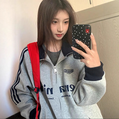 国潮牌灰色三条杠翻领无帽卫衣女春秋薄款宽松高级感开衫拉链外套