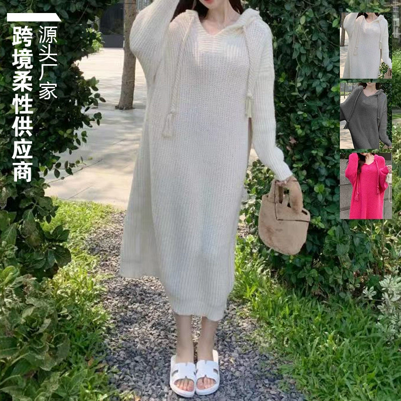 Внешняя торговля Трансграничная Европа, Европа и Амазонка производитель женский свитер с длинными рукавами платье с капюшоном толстые иглы чистый цвет