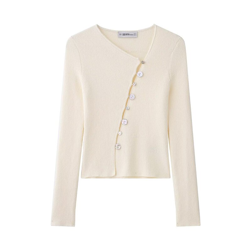 Cross-Border European and American Spring Women's Fashion Asymmetrical Buckle Diagonal Collar Solid Color Long-Sleeve Knit Jacket 4938019