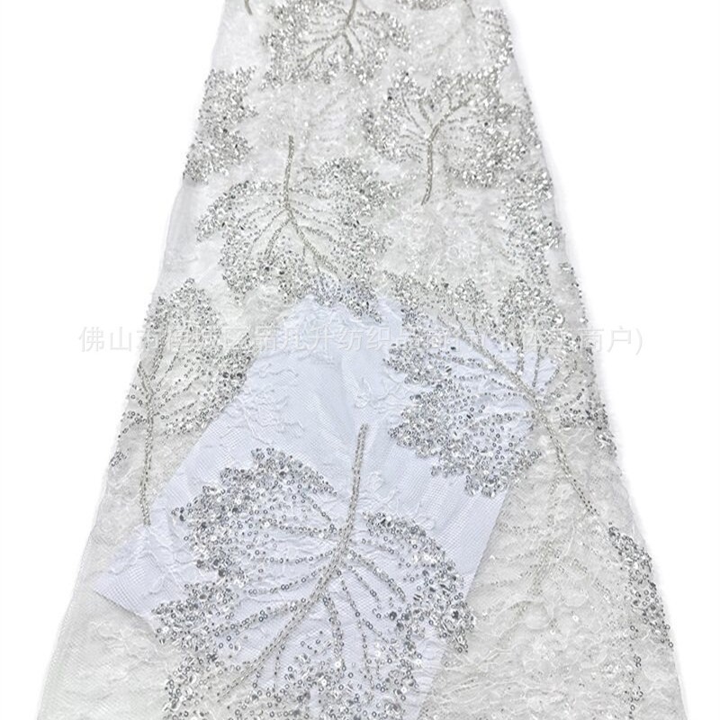 Nuevo encaje de hoja de arce hecho a mano tela de cuentas de clavado sequilla cola de pescado vestido de brindis cena anual vestido de tela en stock