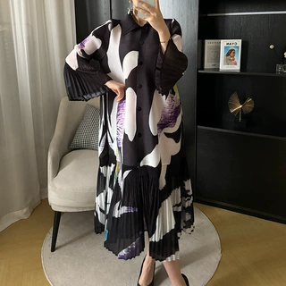 褶皱排扣开衫2024年夏季新款女印花气质优雅文艺贵气优雅中长裙