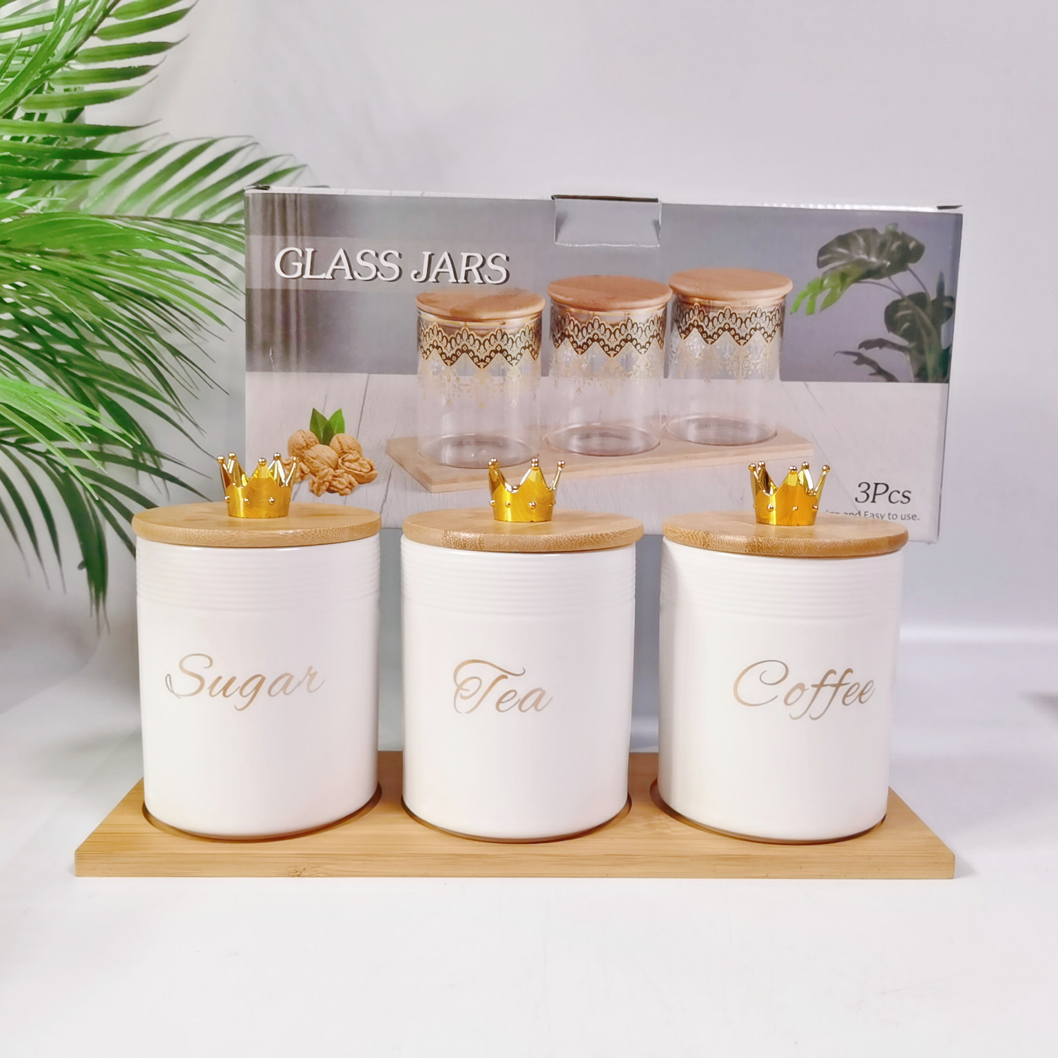 Comercio exterior transfronterizo Oriente Medio Exportar tarro sellado de cerámica con tapa de madera tarro de almacenamiento condimento de cocina tarro de té de café tarro