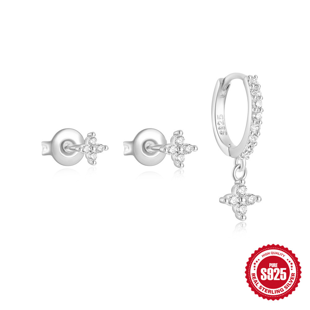 Moda europea y americana simple s925 plata esterlina estrella luna flor geométrica diamante clásico a juego diario traje de pendientes mujer