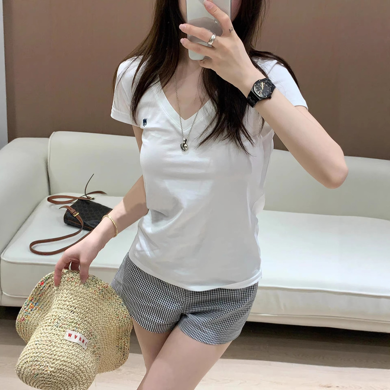 Rl Ralph Lauren Summer Cotton Solid Color Embroidered Short Sleeve V-Neck T-Shirt for Women American Style Slim Fit Top Base Shirt