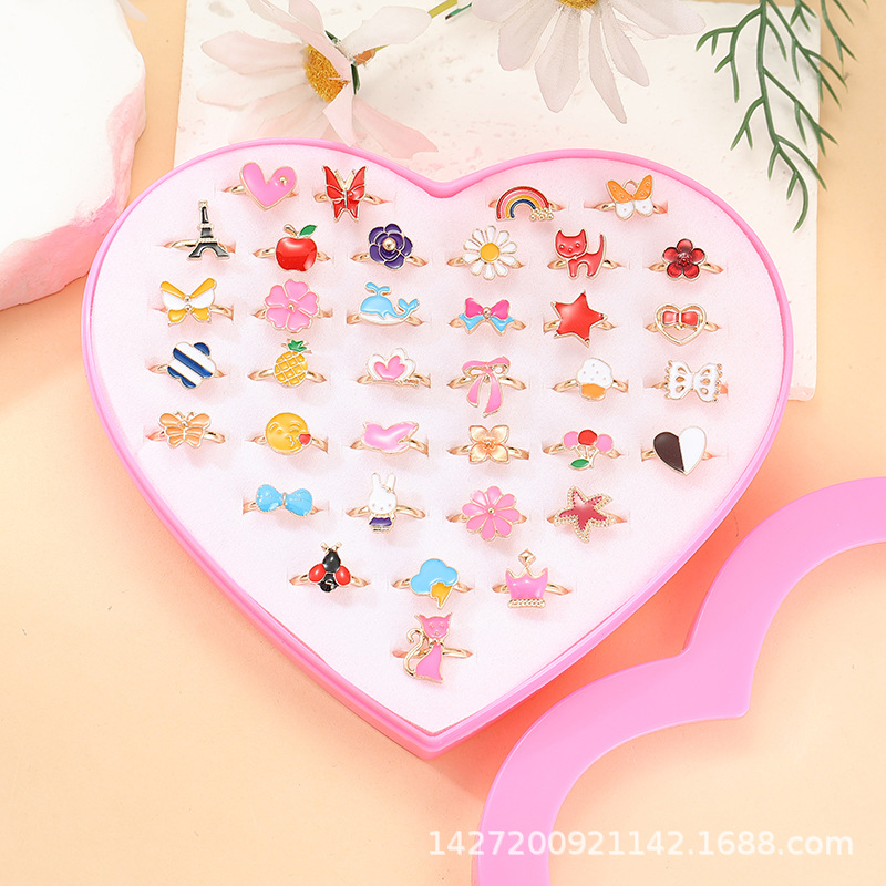 Anillo de aleación para niños de dibujos animados lindo princesa anillo hermoso color mezclado 36 Unidades 1 caja al por mayor venta caliente
