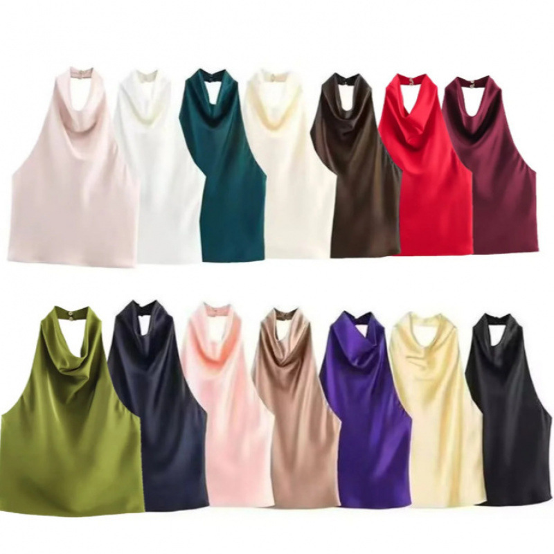 Cross-Border European and American Women's Fashion Ins Influencer Hot-Selling Stylish Silk Satin Halter Neck Tank Top Cross-Border European and American Women's Fashion Ins Influencer Hot-Selling Stylish Silk Satin Halter Neck Tank Top