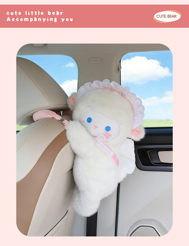 Car-mounted plush tissue box cute bear and rabbit car interior accessory tissue cover cartoon creative decoration