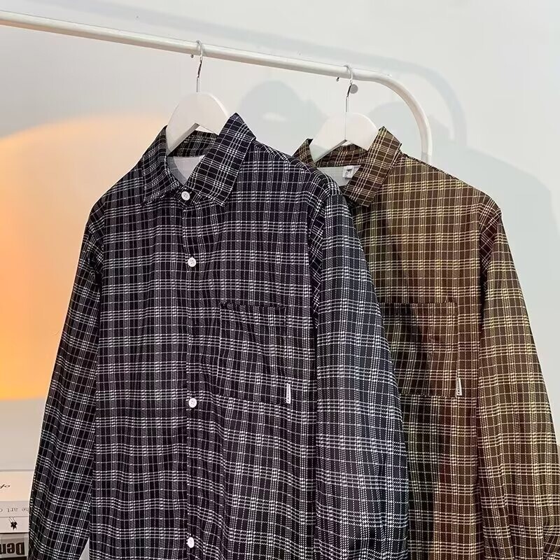Cross-Border Retro Brown Plaid Shirt Men's Long-Sleeved Spring and Autumn Trendy Brand Loose Casual Versatile Outer Wear Thin Shirt