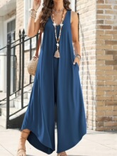 W 27929 Sleeves V Neck Pocket Wide Leg Jumpsuit ����V��