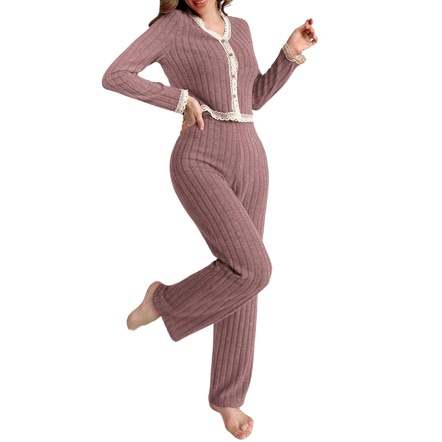 Estilo europeo y americano nuevo estilo transfronterizo cardigan de encaje top corto pantalones pijamas de temperamento de moda ropa de mujer de dos piezas