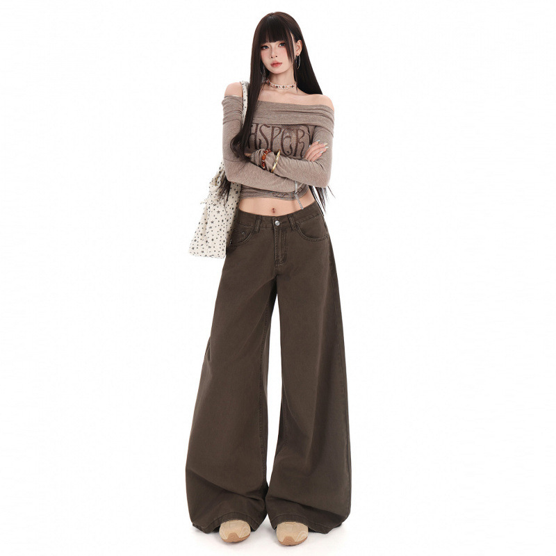 American-style coffee-colored high-waisted straight-leg jeans for women, new loose-fitting, slimming, wide-leg, floor-length pants American-style coffee-colored high-waisted straight-leg jeans for women, new loose-fitting, slimming, wide-leg, floor-length pants