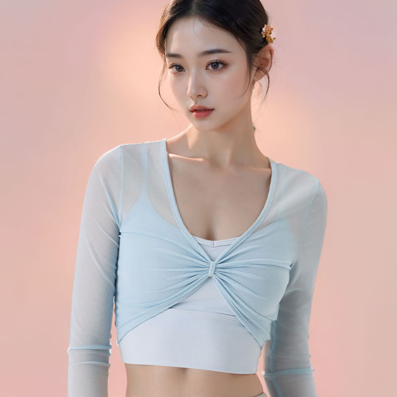 蝴蝶结网纱瑜伽服长袖罩衫修身显瘦运动背心带胸垫可外穿健身服女|undefined