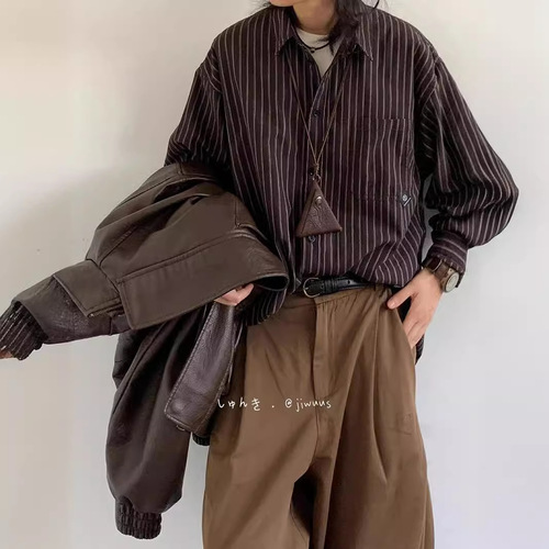 Japanese Retro Uncommon Striped Long-Sleeve Shirt for Men Spring and Autumn Season College INS Boyfriend Style Loose Collar Shirt Top
