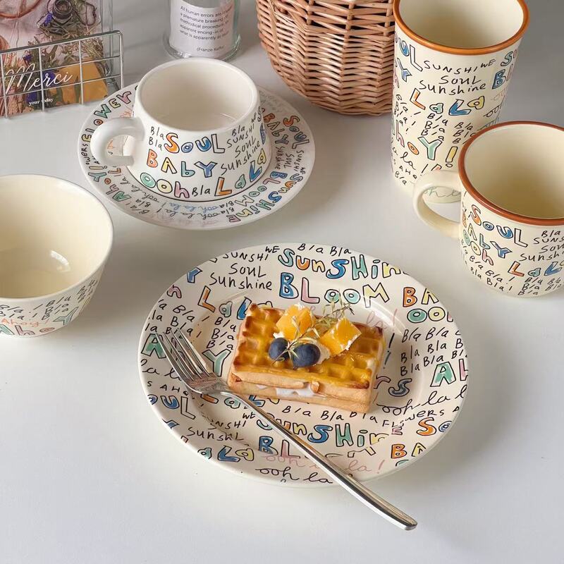 Korean Ins Style Retro Printed English Ceramic Plate Creative Tableware Set Bowls, Plates and Cups High-Value Coffee Cups and Saucers