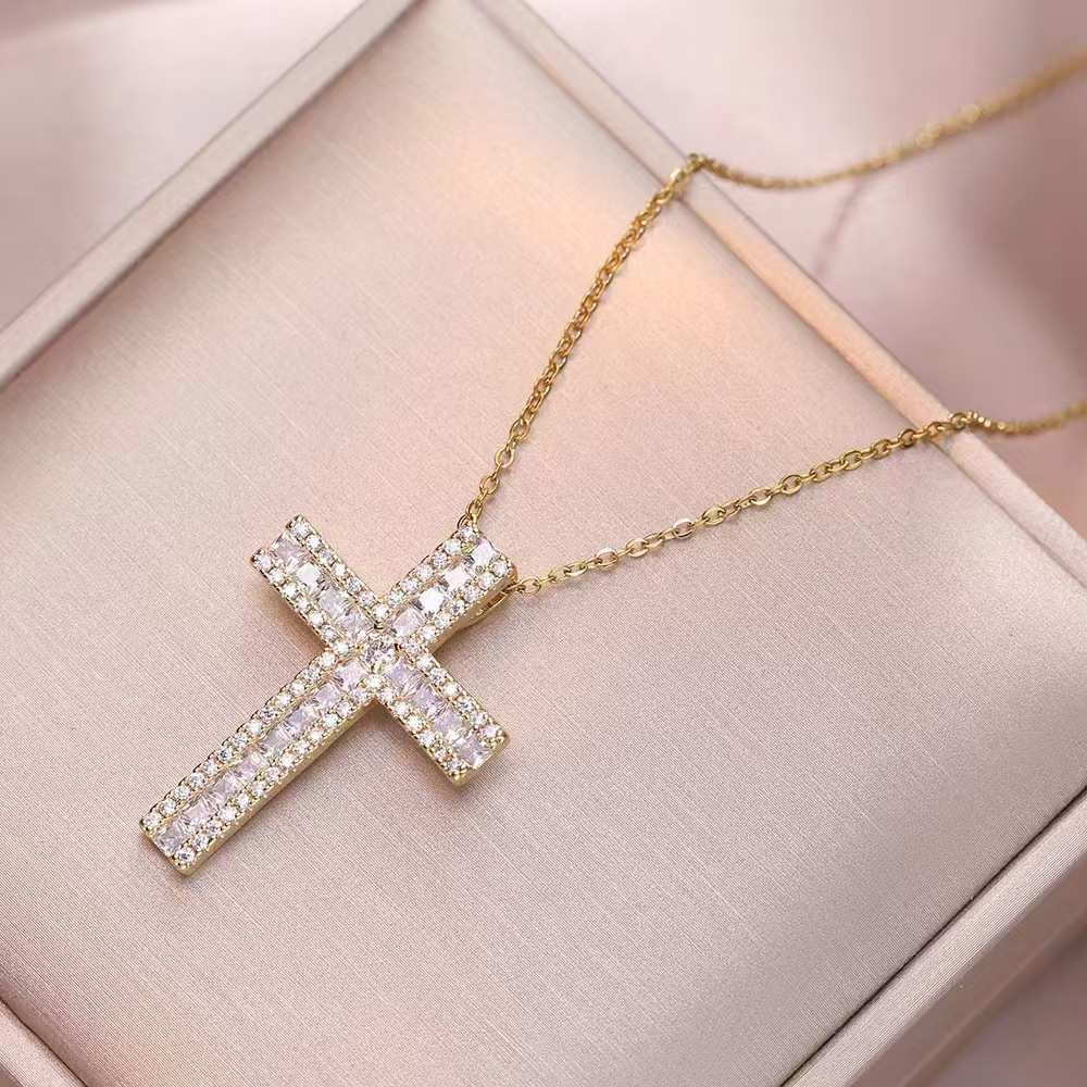 Wholesale Jewelry Shiny Cross Titanium Steel Zircon Inlay Pendant Necklace Cable Chain display picture 37