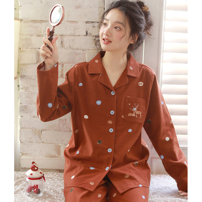 Autumn and Winter Pure Cotton Brushed Christmas Cartoon Women's Simple Casual Home Wear Long-Sleeved Suit