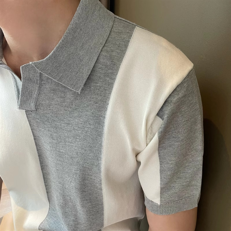 Men's Slim-Fit Color-Block Polo Shirt – Breathable V-Neck Knit Tee (Lightweight, Stretch, Business Casual)​_viptrois.com