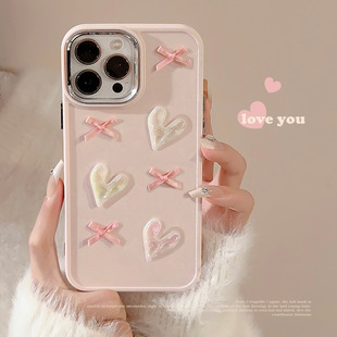 Pink Heart Bow 17Promax Mobile Phone Case Iphone16 Electroplated Stereo 11 Suitable for Apple 13 Women 14
